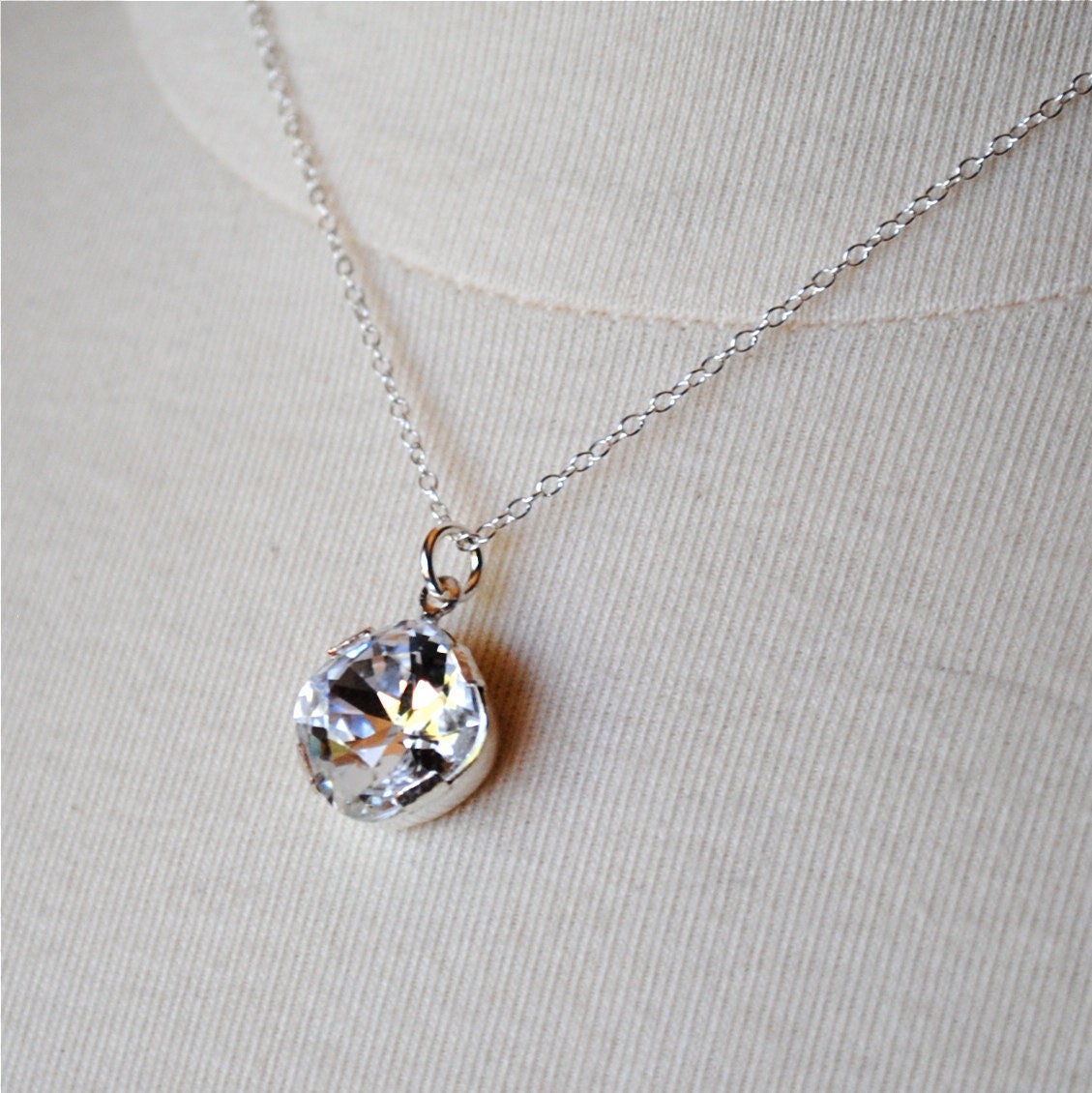 Bridal Pendant Necklace, Swarovski Crystal Square Cushion Pendant Necklace, Bridal Jewelry, Special Occasion, Bridesmaids, Sterling Silver