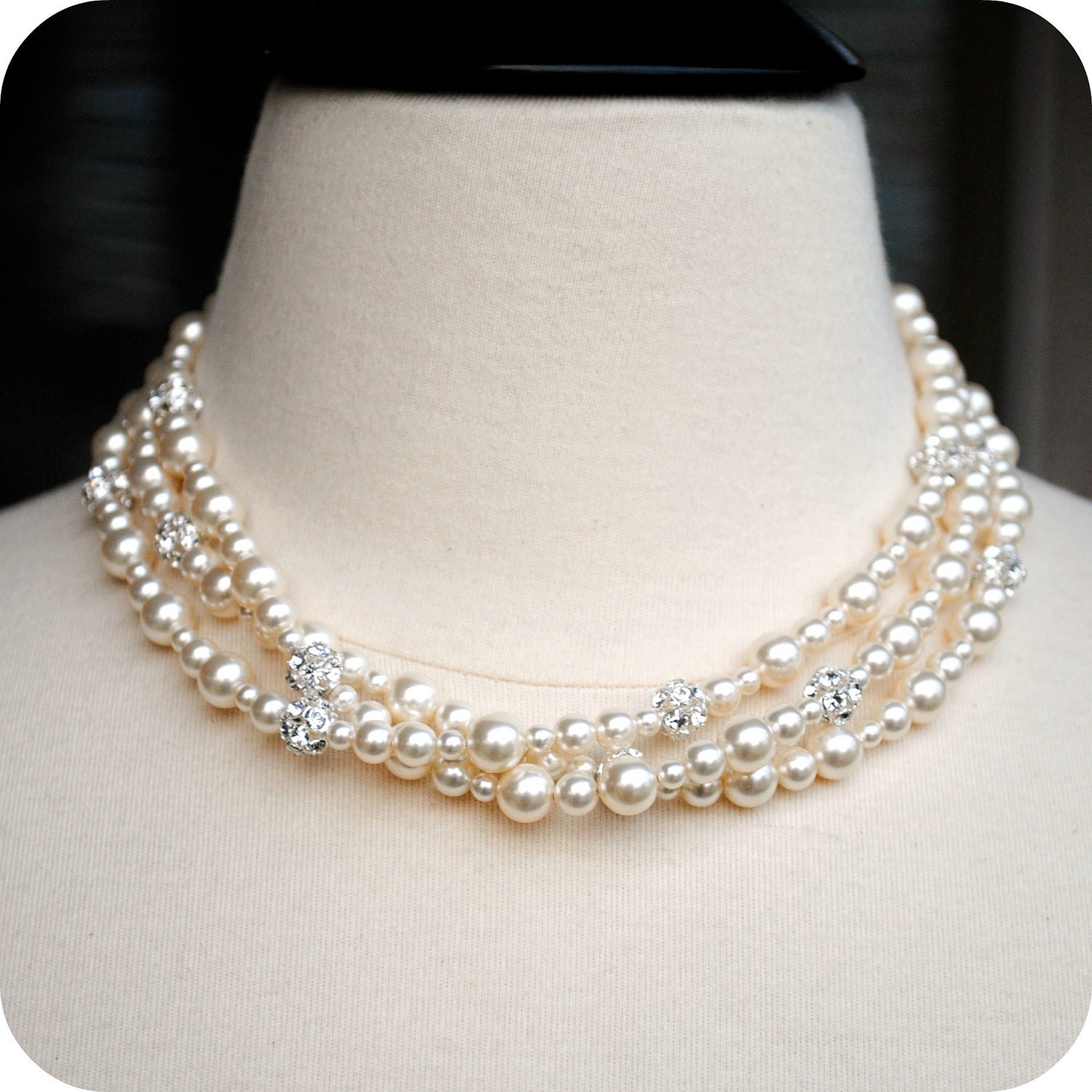 Bridal Necklace, Ivory Pearl Three Strand Wedding Necklace, Rhinestone, Swarovski Pearls, Elegant Special Occasion Jewelry, N262IV