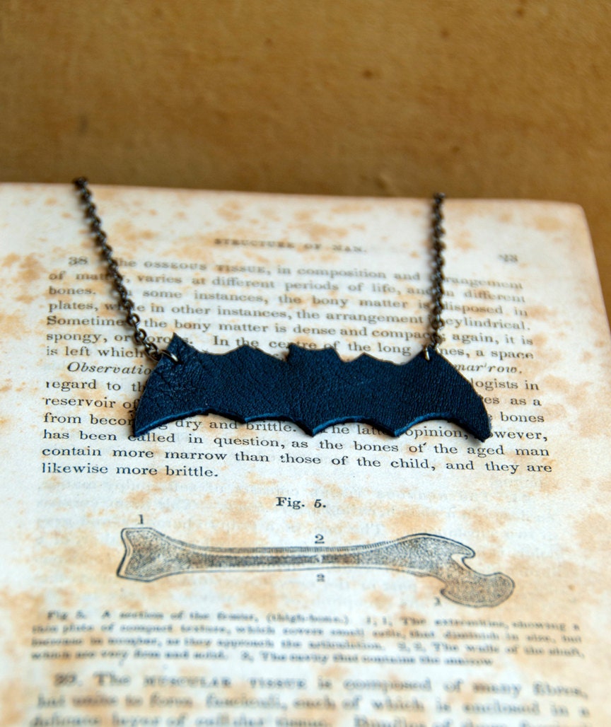 SALE Bat Attack - Handmade Leather Black Bat Silhouette Necklace