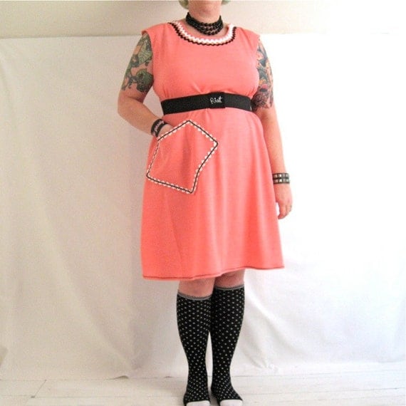 RiotLady Dress - with RIOT belt - coral peach knit vintage fabric - glow in the dark trims - plus size - 52B-53W-60H
