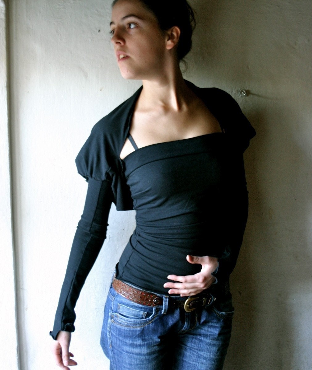 Black Shrug long sleeved jersey puff sleeve top - cotton cropped tshirt custom women's clothes