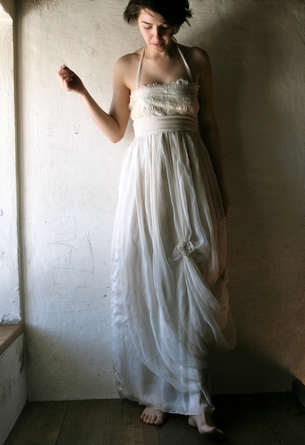 wedding dress in ivory white silk chiffon - outdoors beach wedding gown - organic fairy dress hippie boho wedding