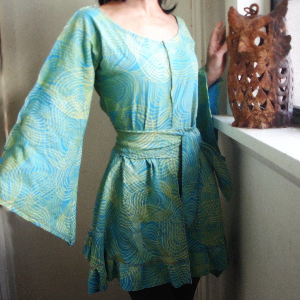 In Bluer Skies - iheartfink Handmade Hand Printed Womens Artistic Spring Fashion Ruffle Kimono Mini Dress
