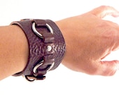 Small Silver Ring Leather Cuff - Choice of Color Leather - Adjustable - Men's Women's Unisex