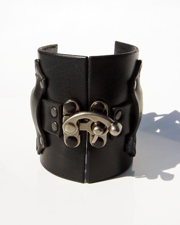 Hook Leather Cuff Arm Band - Choice of Antique Silver or Brass Hardware - Choice of Color Leather - Adjustable - Men's Women's UNISEX