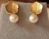 Adorable Matte 16K Gold Plated Leaf Ear-rings with Freshwater Pearls (One Pair)