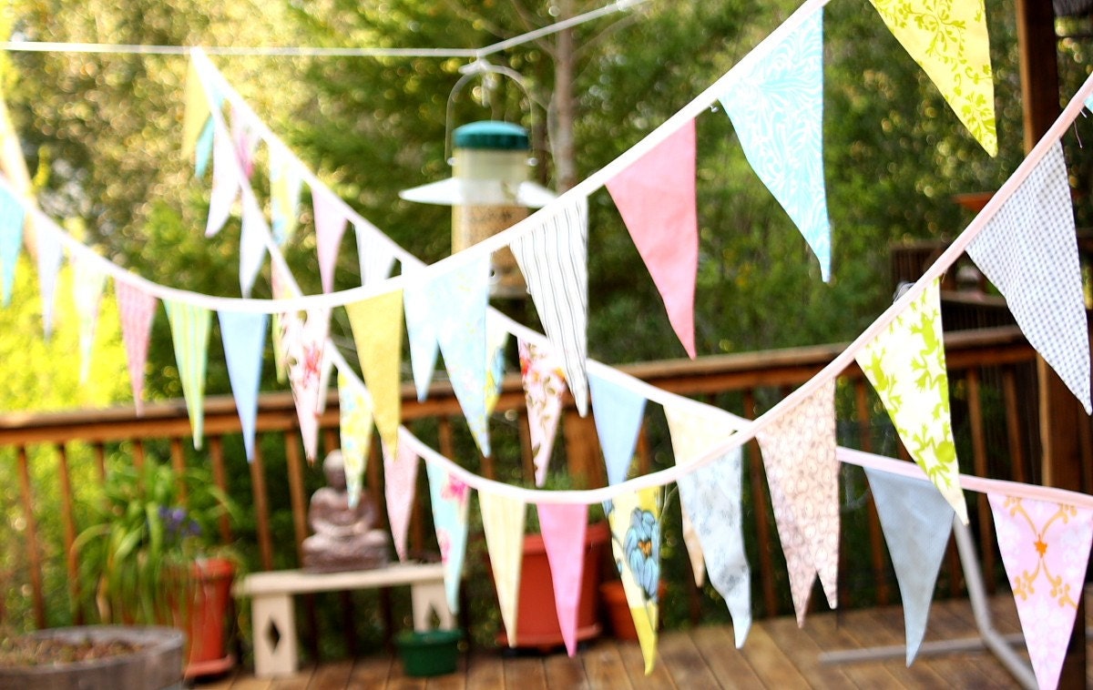 Long Flag Pennant Banner, Wedding Decor, Photo Prop, 40 feet, Cotton Fabrics in a Mix of Pastel and Bright Prints.