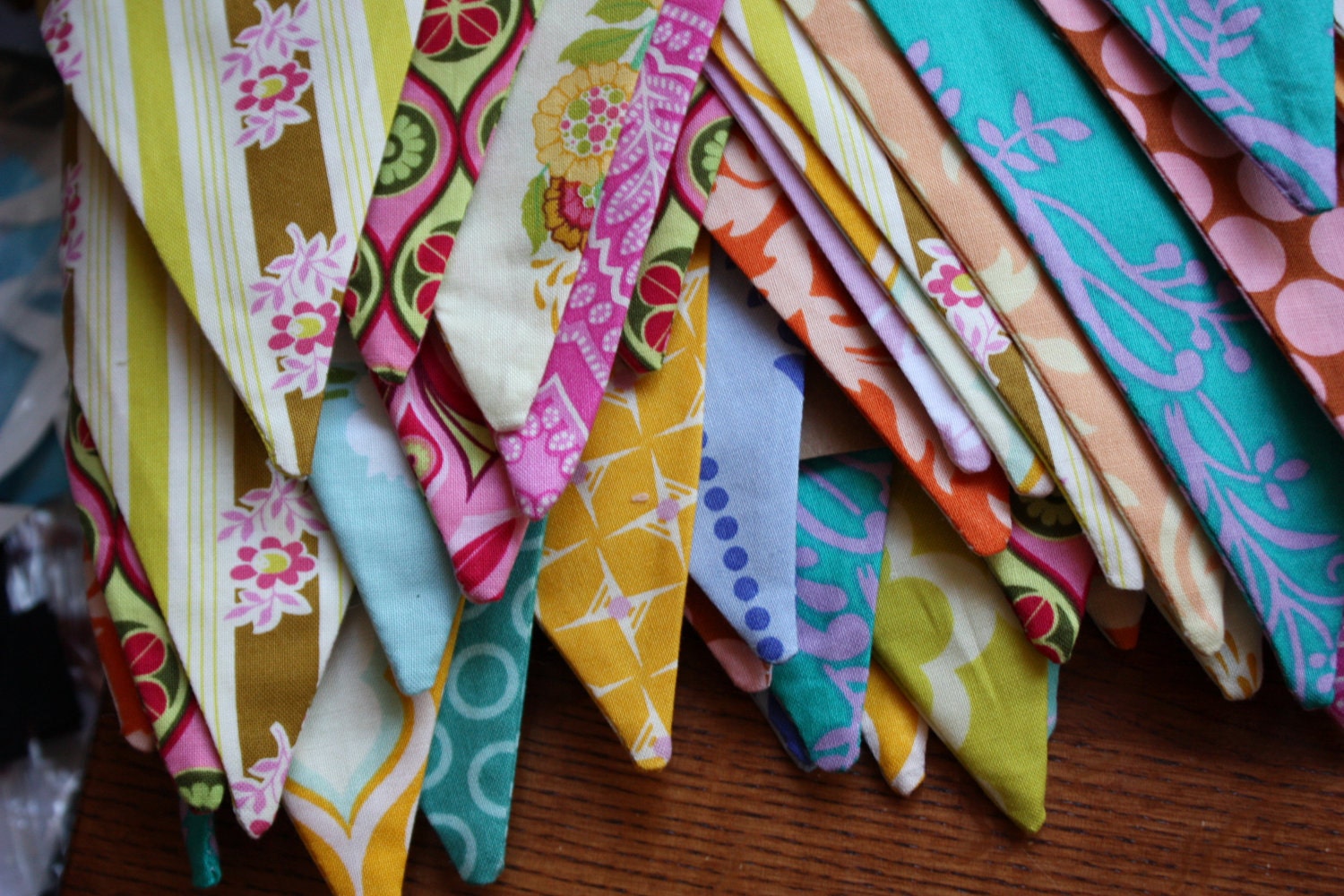 40 Foot Bunting, Custom Party Flags, Wedding Decoration, Photo Prop.  Featuring Medium Sized Flags in Cotton Fabrics by Popular Designers.