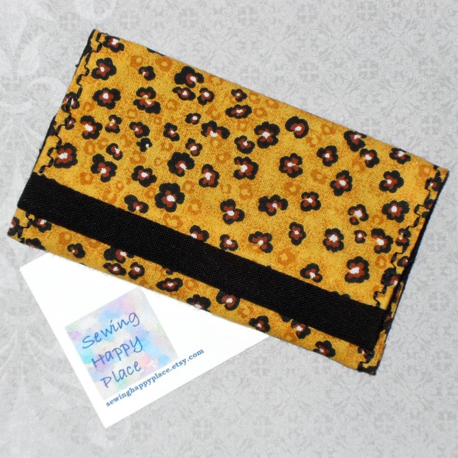 Spotty Leopard Fabric Mini Wallet. Business Card Keeper. Case for Gift Cards IDs. Sweetener Purse Caddy. Vegan. Animal Print. Yellow Black.