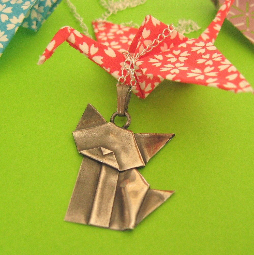 Silver Origami Cat Pendant - Large