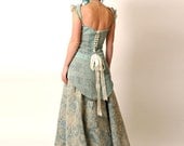 Recycled Eco Wedding Gown with swallowtail lace-up - light blue repurposed linen - Ice Queen
