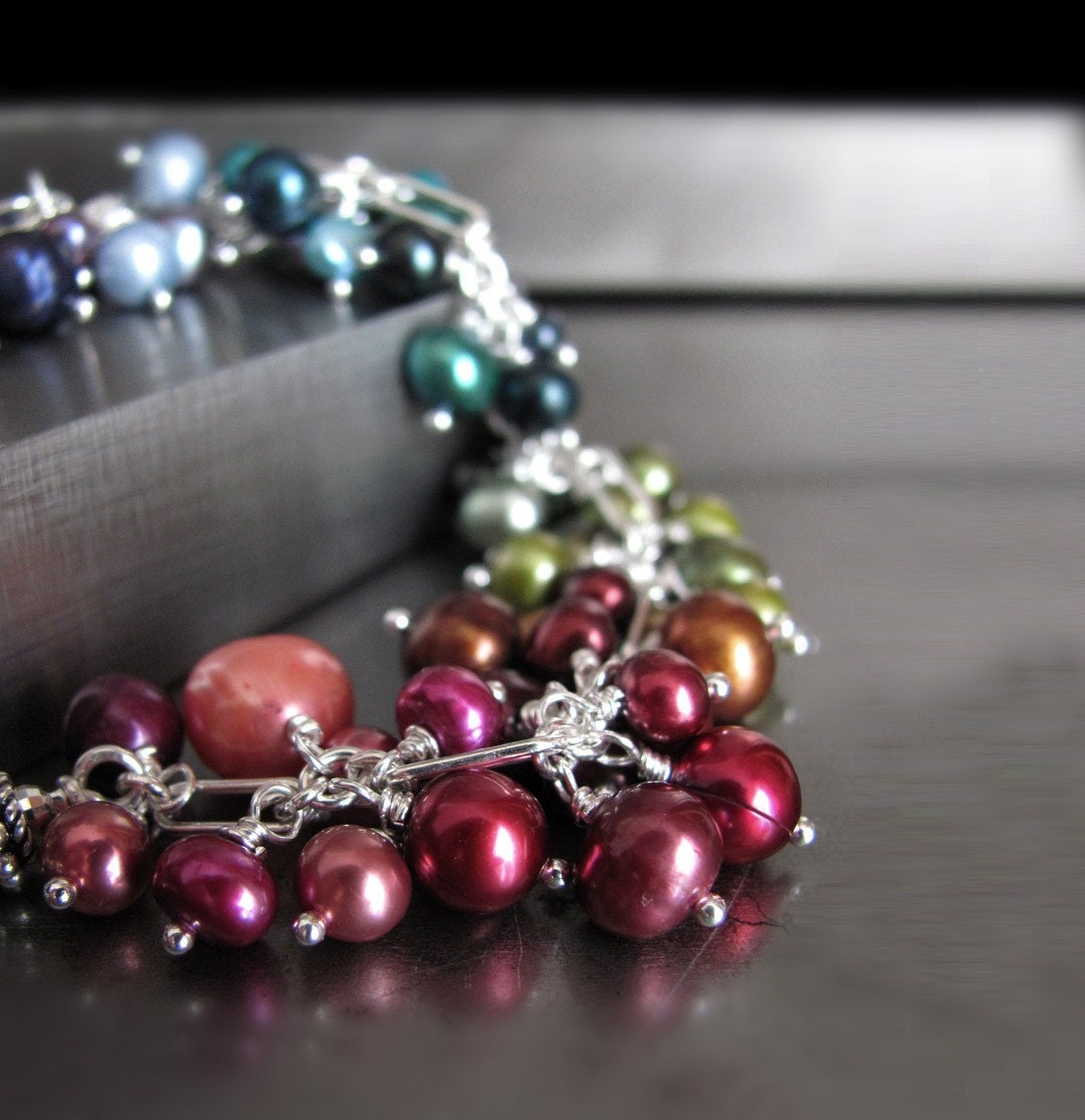 Freshwater Pearl Bracelet, Rainbow Multicolor Pearls Red, Pink, Magenta, Blue, Purple Pearl Jewelry, Sterling Silver, June Birthstone CHAKRA