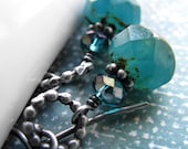 Earthy Aqua Earrings, Oxidized Sterling Silver, Petite Small Earrings, Rustic Turquoise Aqua Faceted Glass Beads, Aqua Teal Silver Earrings