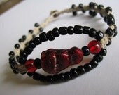 Natural Color Hemp Bracelet with Black Glass Beads and One Glass Czech OWL Bead