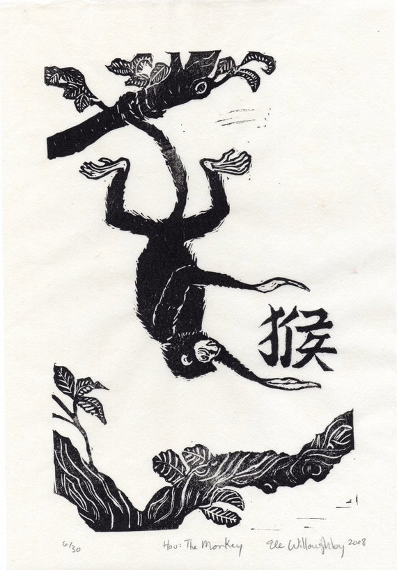 Hou- The Monkey - Linocut, 9th in Chinese Zodiac - Limited Edition
