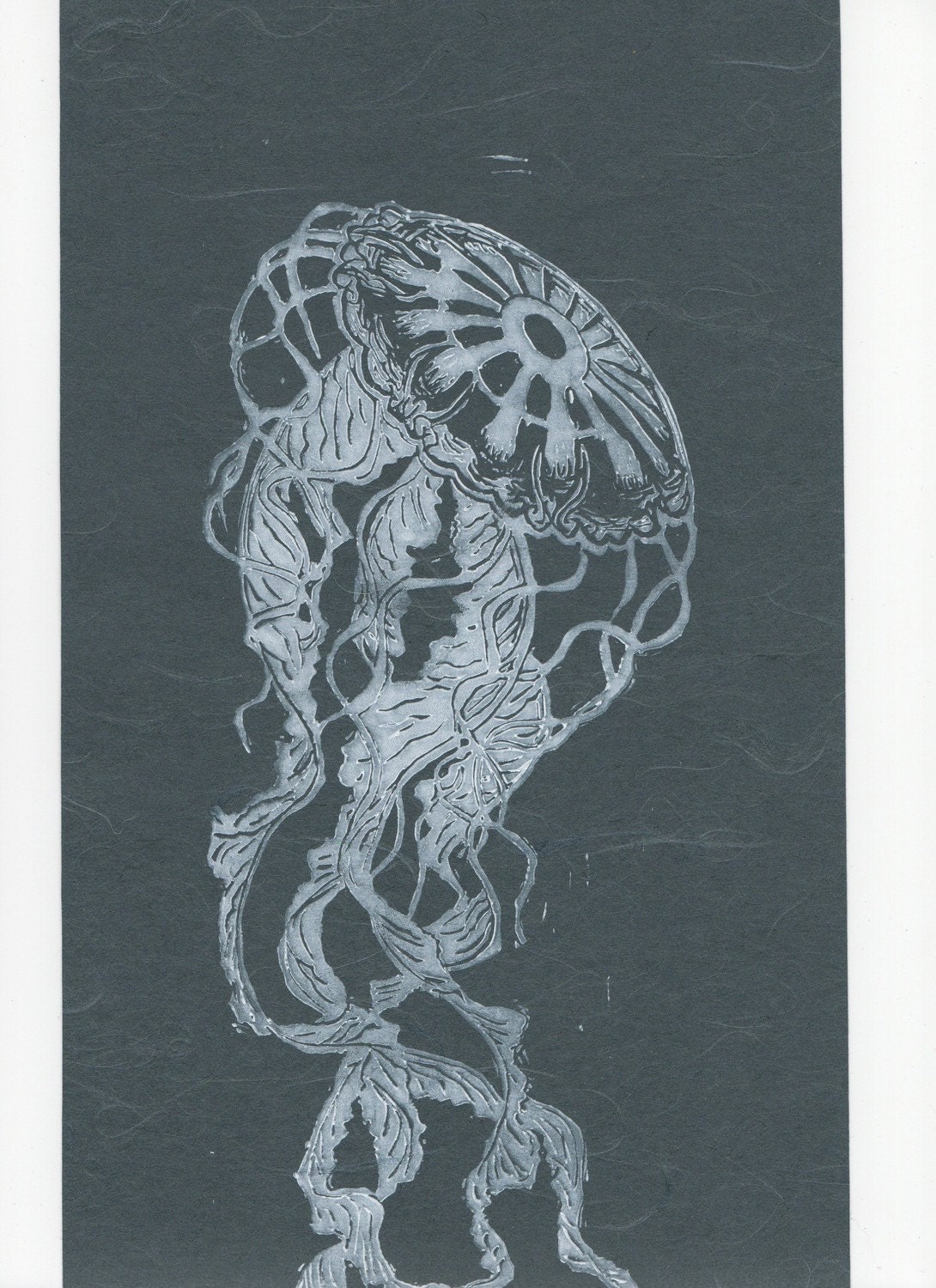 Jellyfish Linocut on Japanese Paper Handprinted by minouette