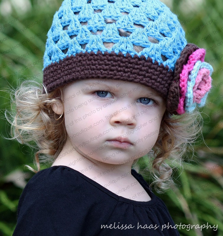 Beanie Hat Crocheted "The Lainey" Robin's Egg Blue Chocolate Rose Pink