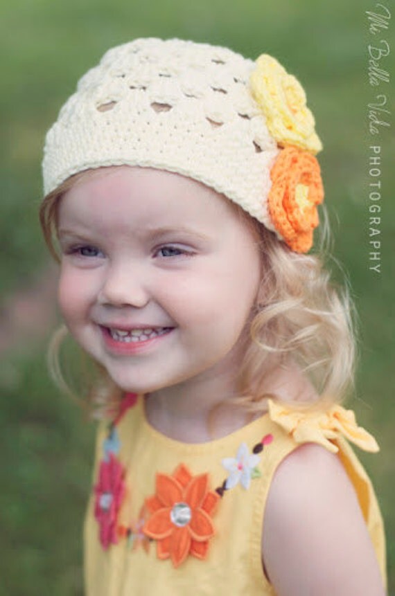 Crocheted Beanie Hat "The Sonny" Ivory Sunshine Hot Orange Spring Summer Cap Bright Flowers