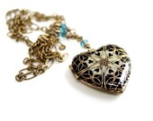 Brass Filigree Heart Locket / Personalized Gift / Photo Locket / Black and White
