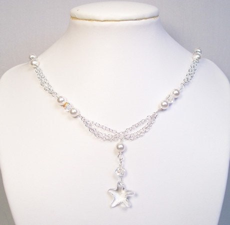 Layered Nautical Starfish Pendant Necklace, White Pearls, Clear Crystals & Starfish
