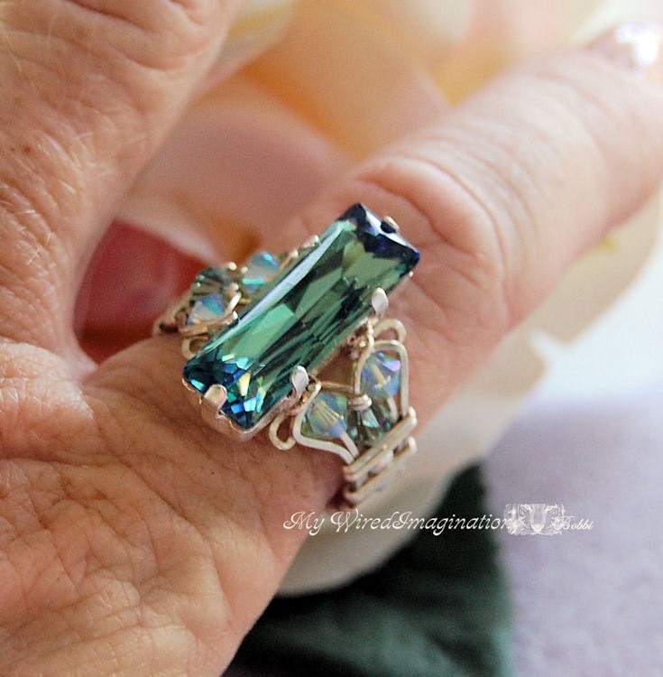Erinite Waters  Sterling Silver and Swarovski Crystal Wire Wrapped Ring  - Handmade - Fine Jewelry