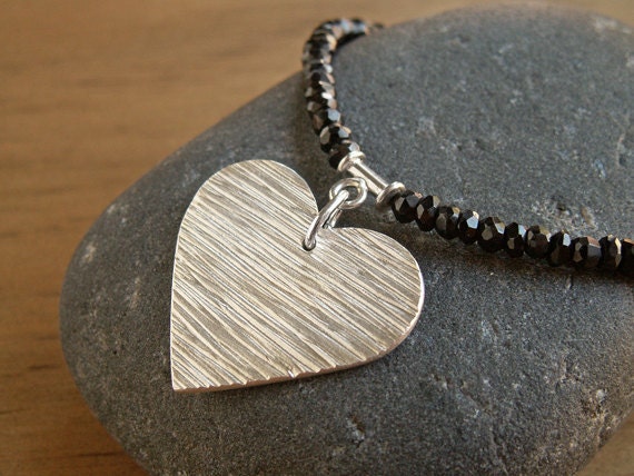 Black Heart Necklace Valentine handmade fine silver pendant black faceted spinel gemstone edgy glam romantic goth Sterling adjustable clasp