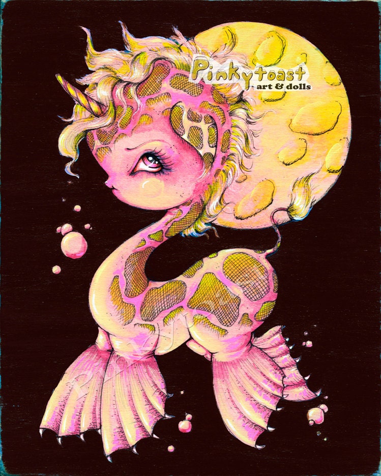 Happy Baby Sea Unicorn Swim With Me-Kawaii Fairy Tale Loch Ness Monster-Pinkytoast Art-8x10 inches