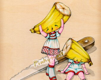 Banana Split- She Lost her Better Half-Fairy Tale Fruit Girl Twins-Pinkytoast Art Print-8x10