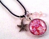 Lace Flowers Art Pendant Charm Necklace, Victorian Art Deco Beaded Jewelry, Black Cord or Silver Chain, Original Art Print, Purple Burgundy