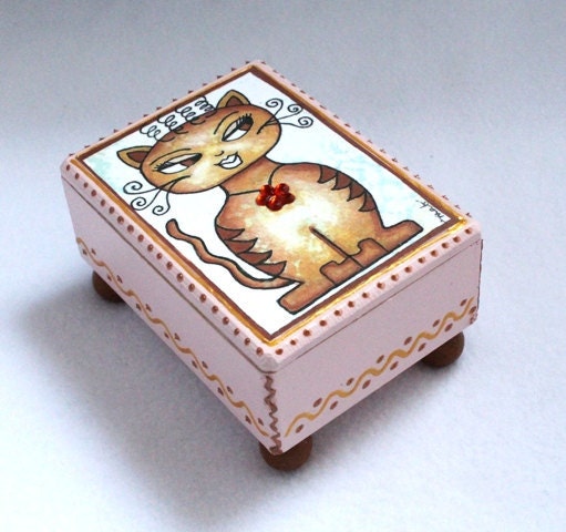 Jewelry Box, Cat Art Wood OOAK Decoupaged Wooden Trinket Box Ring Box Earring Holder Original Art Print Brown Pink