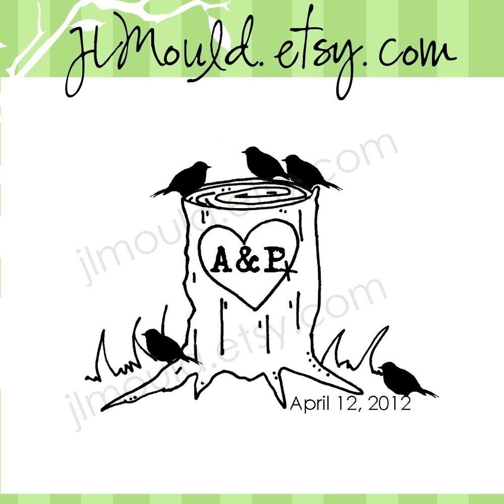 Save the Date DIY Wedding Personalized Custom Red Rubber Stamp Tree Trunk with birds lovers Heart 0018 (red rubber stamp wooden block)