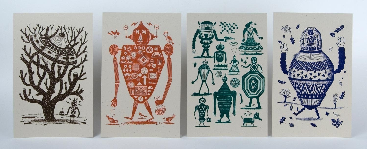 4 PRINTS of ROBOTS and ALIEN Illustrations Hand Printed Letterpress