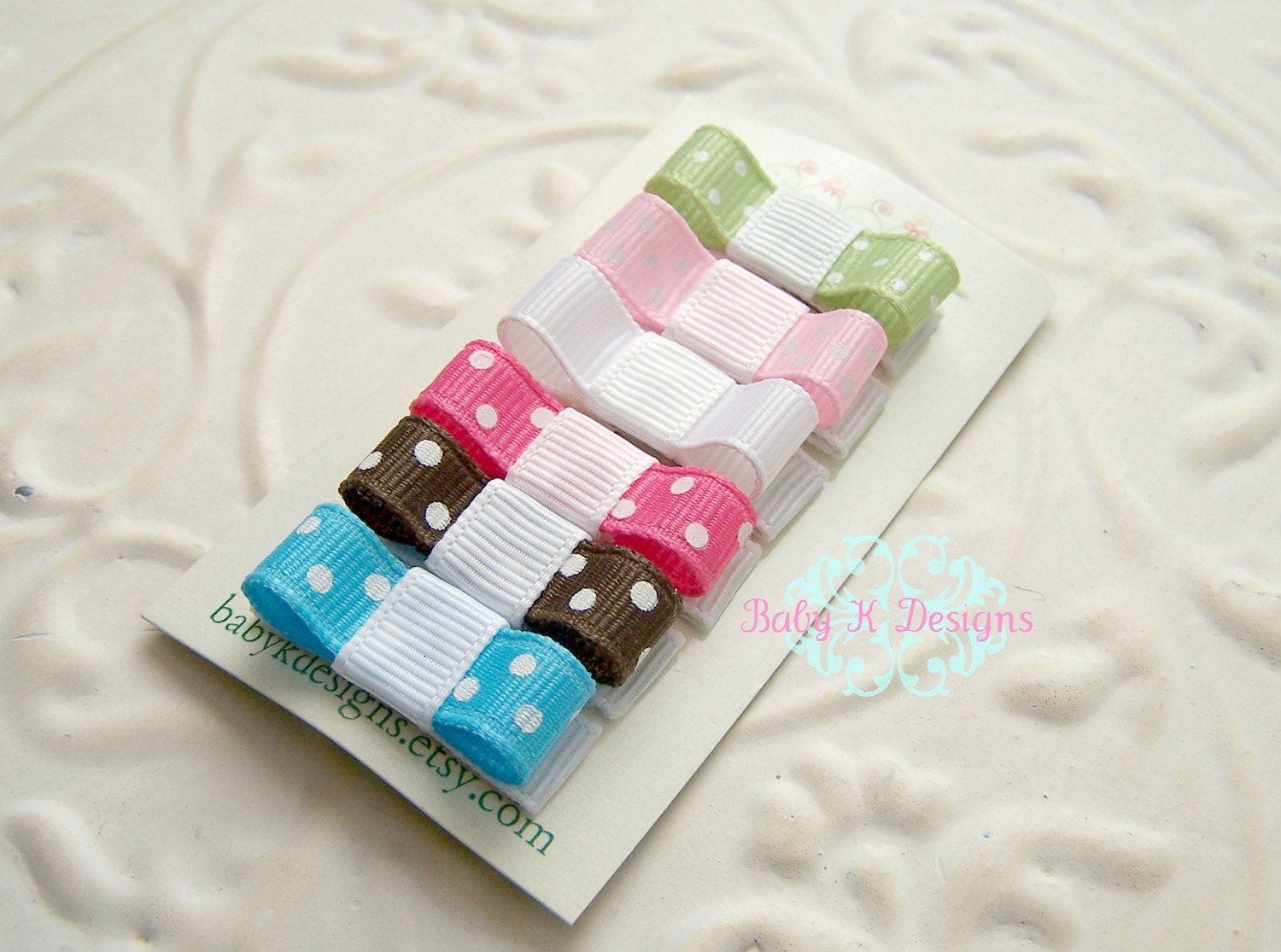 infant Clips.Baby Snap Clips. Baby Bows SIX Pink White and Brown Hair Clips
