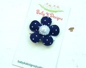 Navy Blue Baby Bow/ Baby Snap Clips / Itty Bitty Clips / Infant Clips / Girls Bows / No Slip Hair Clip / Blue n White Polka Dot  Flower Clip
