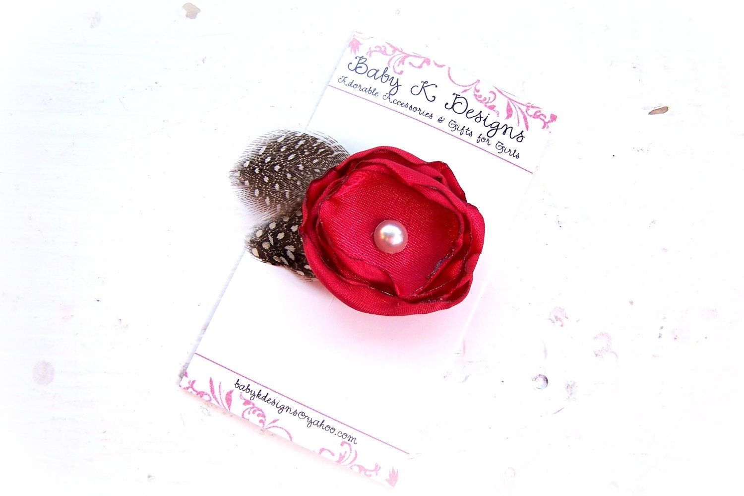Newborn Clip / Infant Clip / Girls ANISTON  Hair Clip Satin Flower and Feather In Ruby RED / Baby Bow /