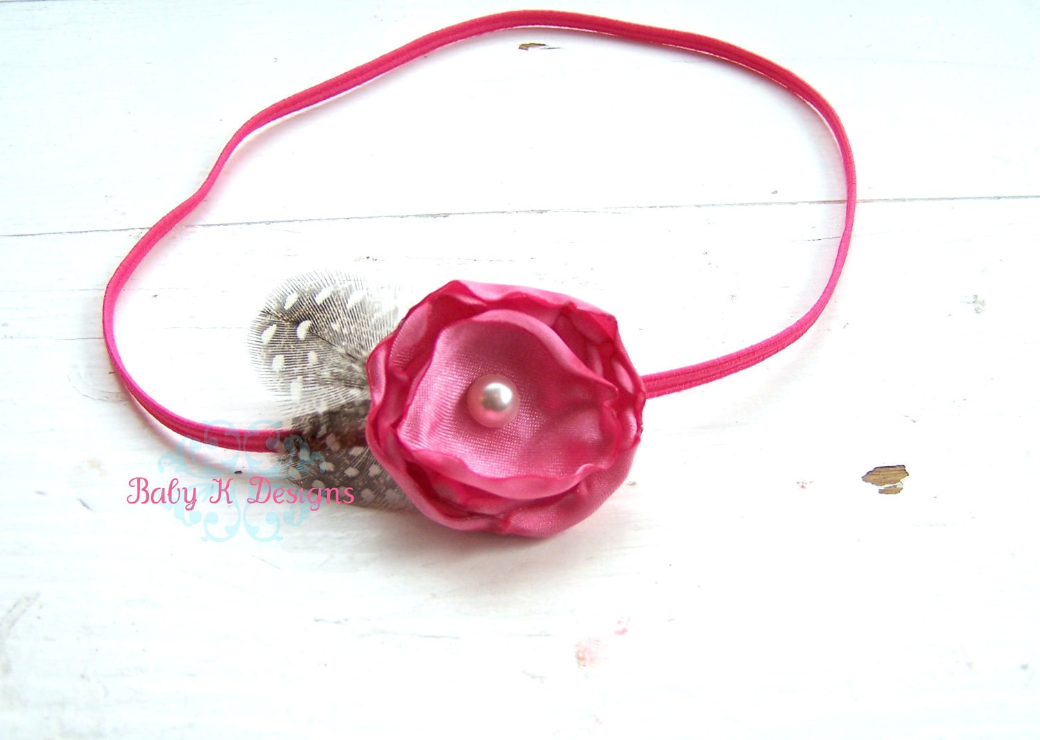 Newborn Headband / Baby Headband / Girls Headband ANISTON Coral Satin Flower and Feather Elastic Headband