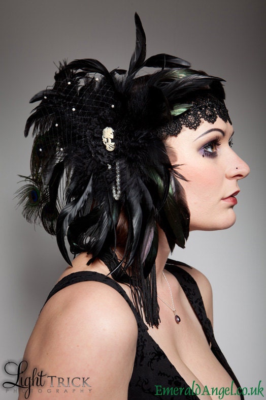 Feathers, Lace, Cameo & Swarovski Headdress, Flapper, Gothic, Burlesque