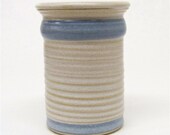 Pottery Utensil Holder and Vase in Soft  White with a Blue Stripe (narrow)