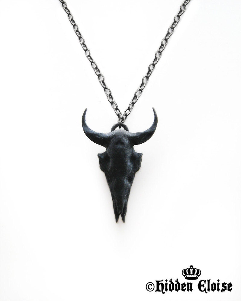 Black Bison Skull Necklace, Buffalo skull necklace, Modern animal necklace, skull, cool jewelry, animal skull, animal jewellery, whimsica