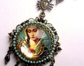 The Seven Sorrows Of Mary - Ornate Necklace in Bronze- Turquoise and Blood Red