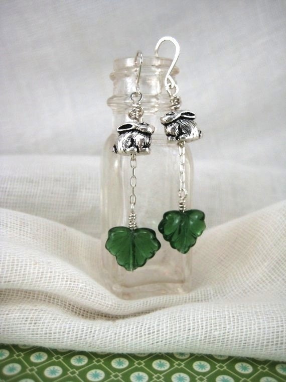 Hiding in the Ivy. Bunny and ivy glass dangle earrings