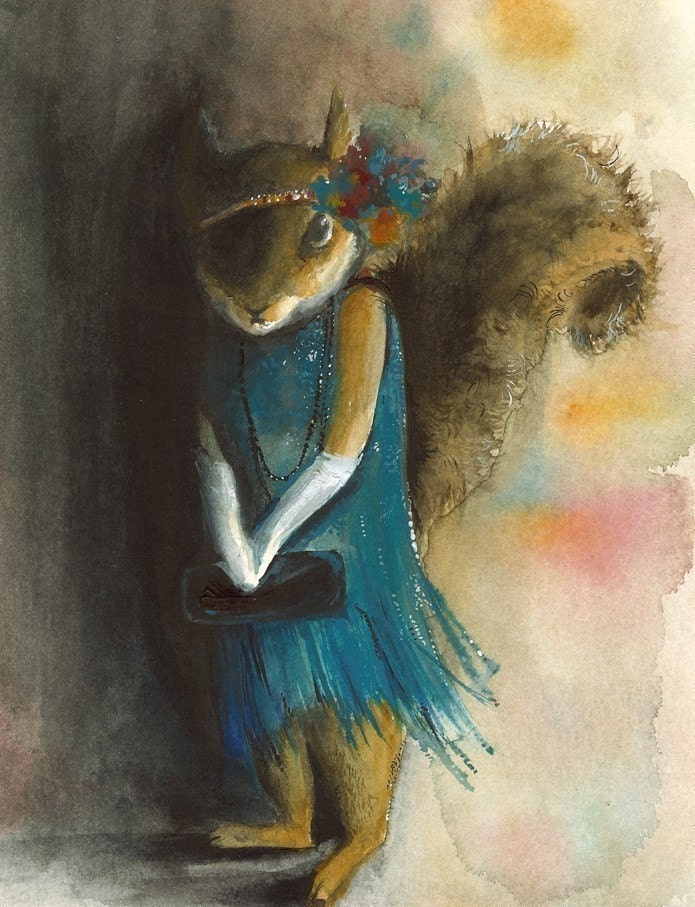 Olive- Flapper Squirrel Archival Print, art