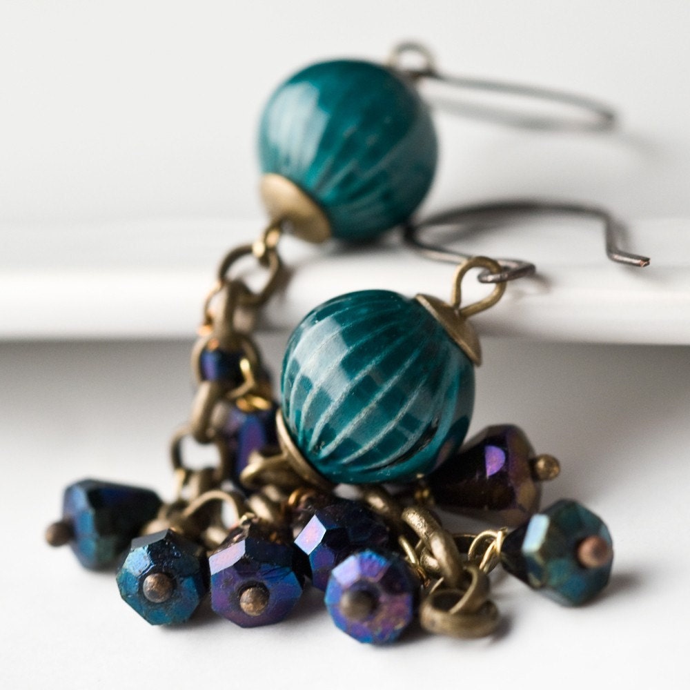 Peacock Green Blue Vintage crystal and glass beads earrings