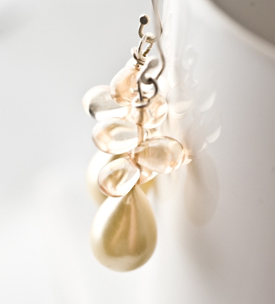 Champagne earrings glass drops Vintage glass pearls and sterling silver hook