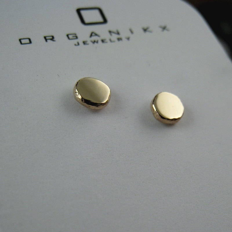 14k Gold Stud Earrings- Sterling Silver Post- Small 4mm Solid Yellow Gold Dot Stud Earring Hammered Pebble Stud Mixed Metal