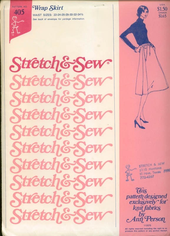 Vintage 70s Stretch and Sew 405 WRAP Skirt Sewing Pattern UNCUT Waist 22-34.5
