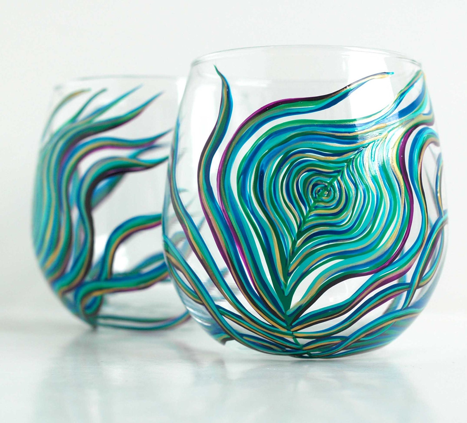 Peacock Feather Stemless Wine Glass--Single Hand Painted Glass