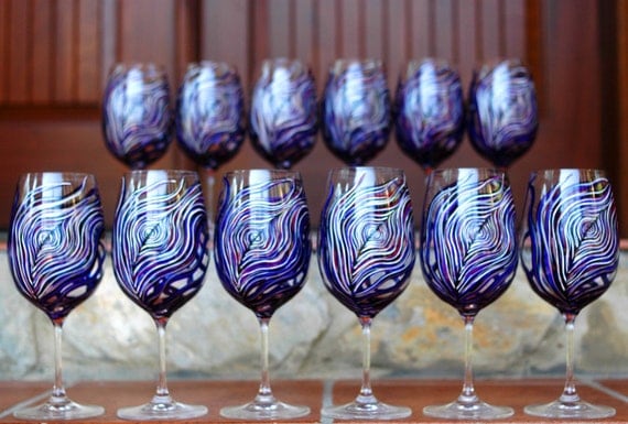 Peacock Feather Wine Glasses -- 12 Piece Customized Bridal Collection -- Personalized Hand Painted Peacock Feather Wedding Collection