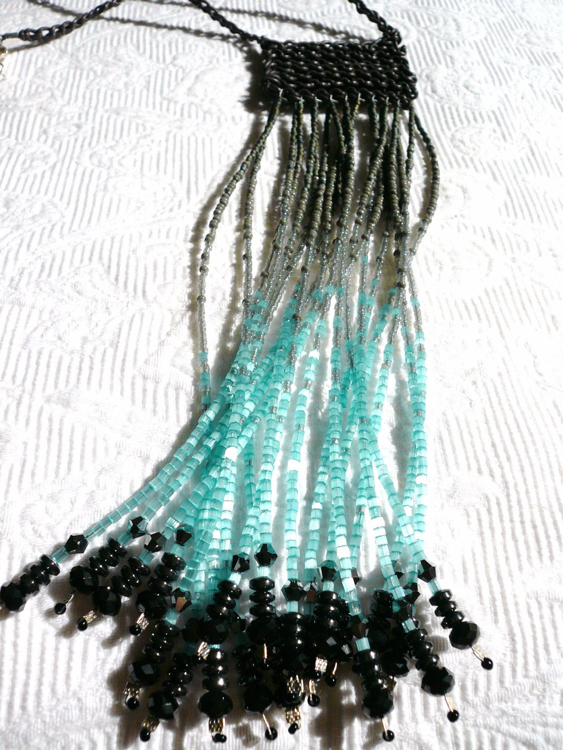 turquoise & grey OMBRE beaded fringe necklace, no. 36
