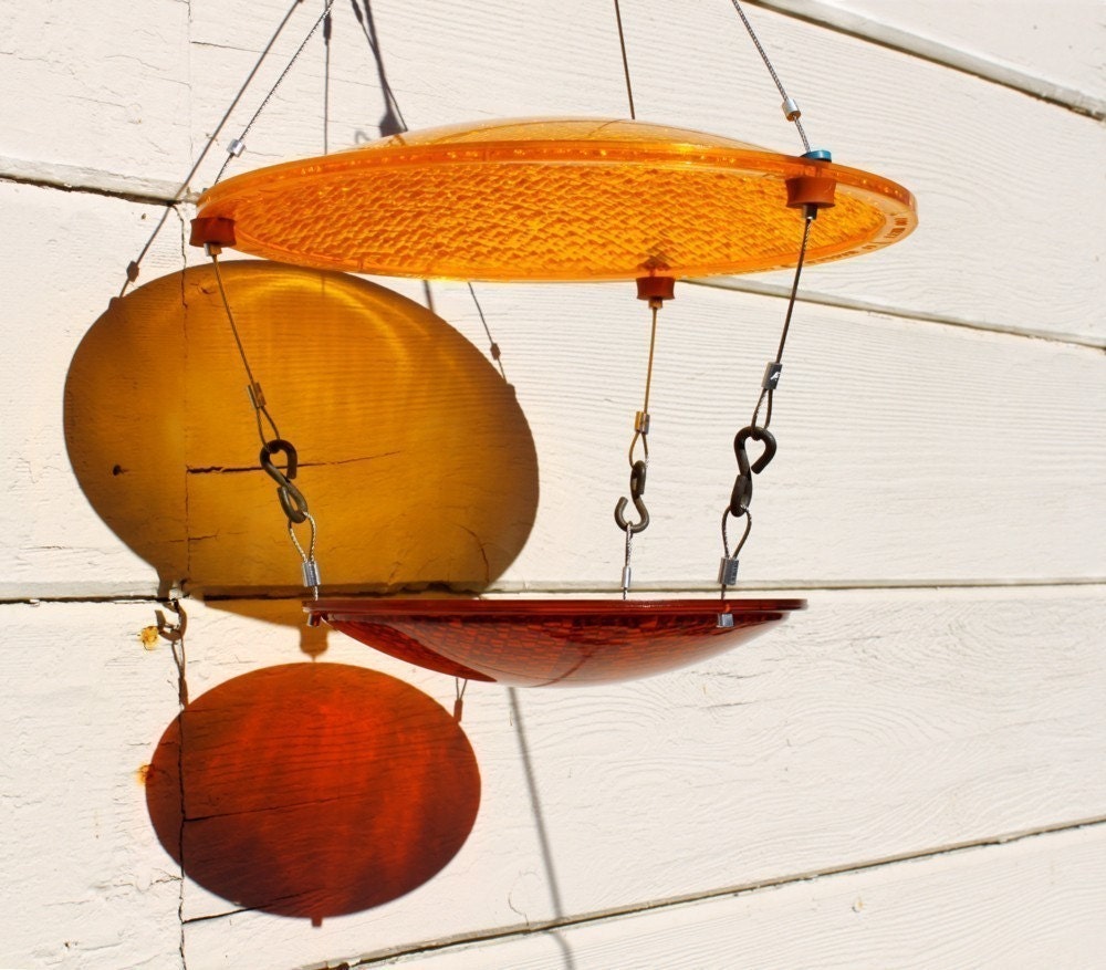 Bird feeder, repurposed materials hanging style red and yellow birdfeeder